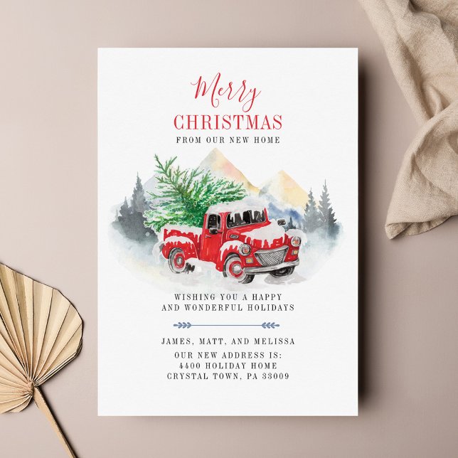 Kerstfeestdag Rode vrachtwagen: aankondiging (Plaid Red Truck Christmas Moving Announcement)