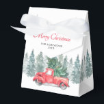 kerstfeestdag rond de Rode Vragen Bedankdoosjes<br><div class="desc">Het kerstfeest van Vintage bevoordeelt dozen met een eenvoudige witte achtergrond,  waterverf spruce-bomen,  een rode vrachtwagen,  een kerstboom,  de woorden "vrolijke kerst",  jouw naam,  en het jaar.</div>