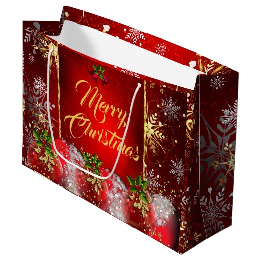 Kerstfeestdag rood Baubles Holly Inv Groot Cadeauzakje (Voorkant Gekanteld)