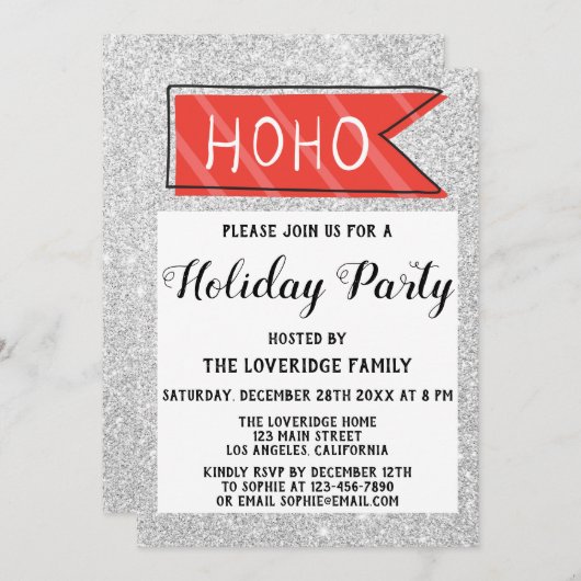 Kerstfeestdag Rood en Grijs Zilver Glitter Kaart (Voorkant / Achterkant)