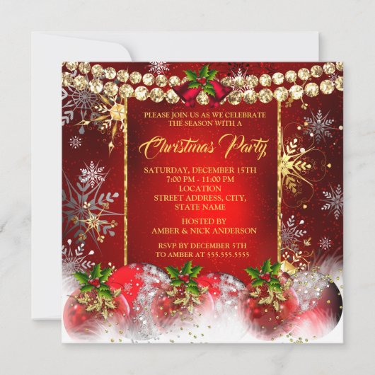 Kerstfeestdag: rood goud Baubles Holly Kaart (Voorkant)