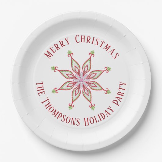 Kerstfeestdag rood groen kleurrijk sneeuwvlok papieren bordje (Voorkant)
