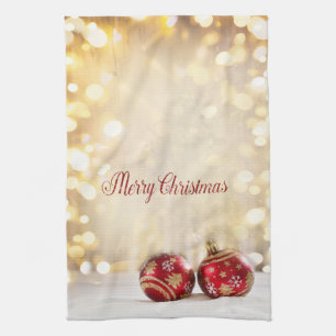 Kerstfeestdag - Rood kerstfeest Balls Bokeh Theedoek