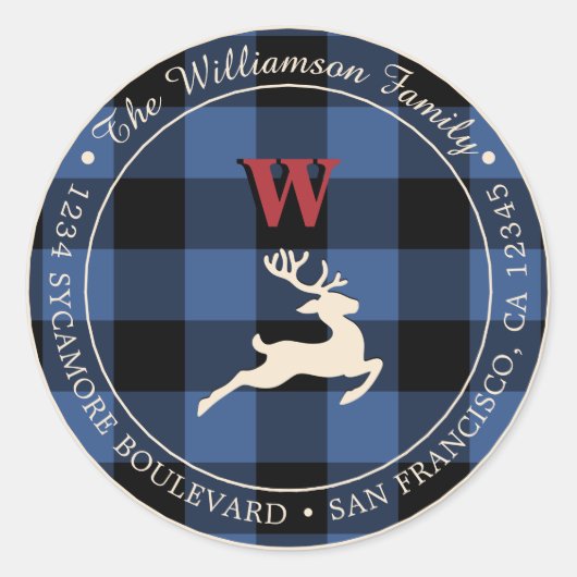 Kerstfeestdag rood monogram Deer Blue Gingham C Ronde Sticker (Voorkant)