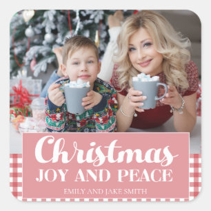 Kerstfeestdag rood wit Gingham Joy Peace Vierkante Sticker