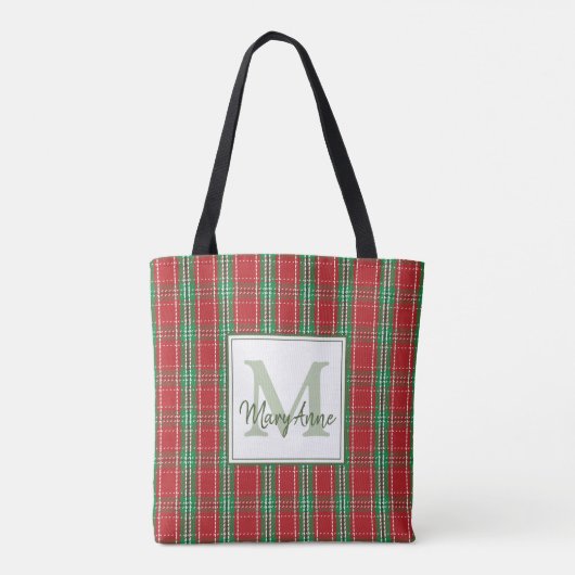 Kerstfeestdag, roodbruin monogram tote bag (Achterkant)