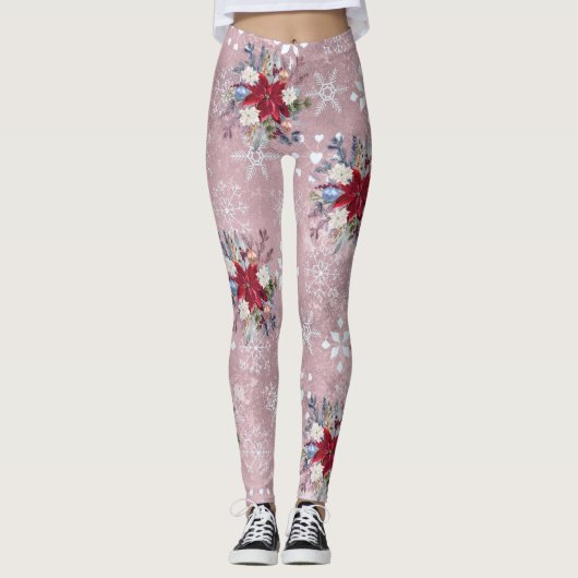 Kerstfeestdag  Roze Poinsettia Bouquet Leggings (Voorkant)