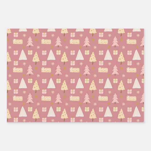Kerstfeestdag roze roze bomen en cadeautjes inpakpapier vel (Voorkant 2)