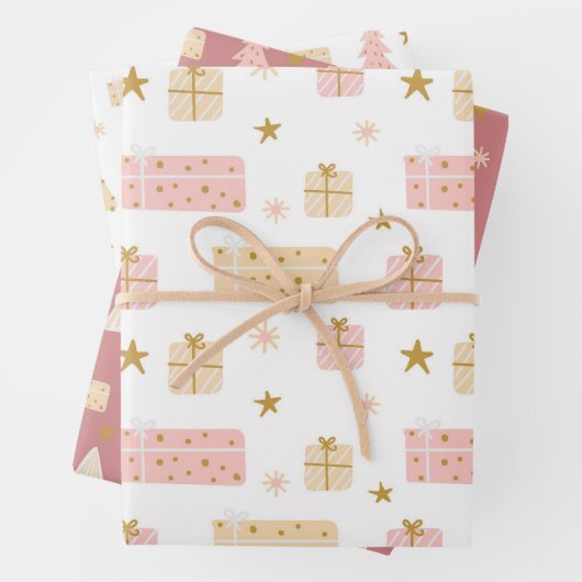 Kerstfeestdag roze roze bomen en cadeautjes inpakpapier vel (In situ)