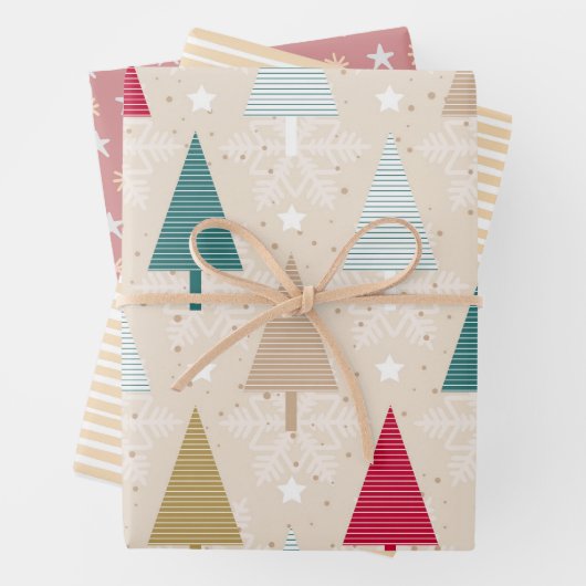 Kerstfeestdag roze roze boom en sterren inpakpapier vel (In situ)