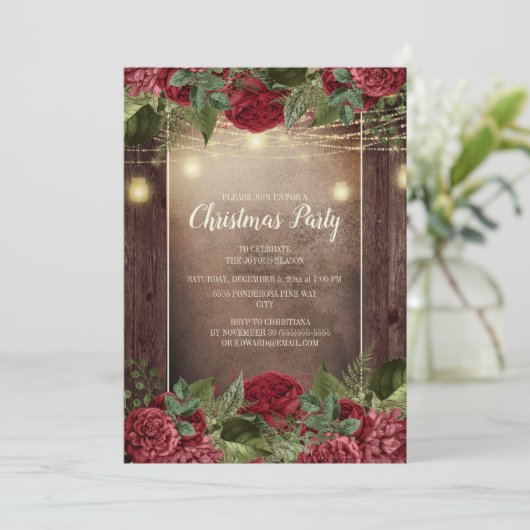 kerstfeestdag Rustic Wood Burgundy Floral String Kaart (Staand voorkant)