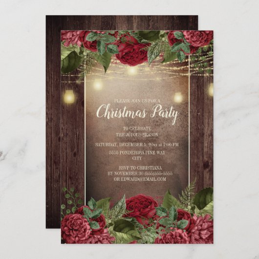 kerstfeestdag Rustic Wood Burgundy Floral String Kaart (Voorkant / Achterkant)