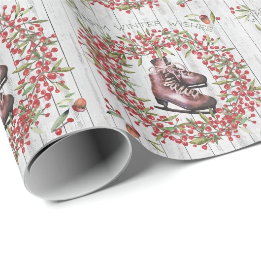 Kerstfeestdag Rustic Wreath en Schaatsen Cadeaupapier (Rol Hoek)