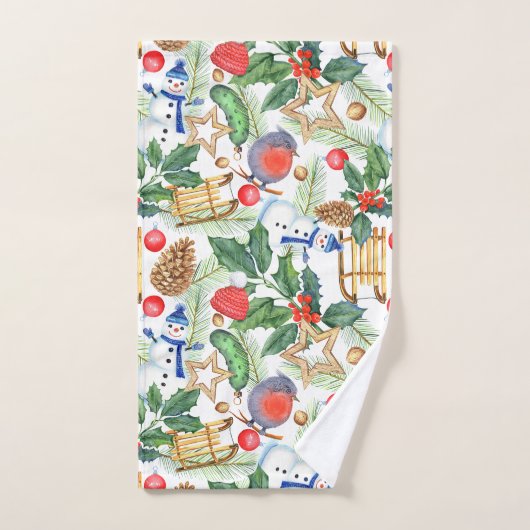 kerstfeestdag snowman, pijnbomen, Holly Bad Handdoek (Handdoek)