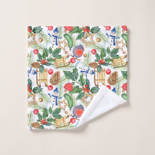 kerstfeestdag snowman, pijnbomen, Holly Bad Handdoek (Wasdoekje)