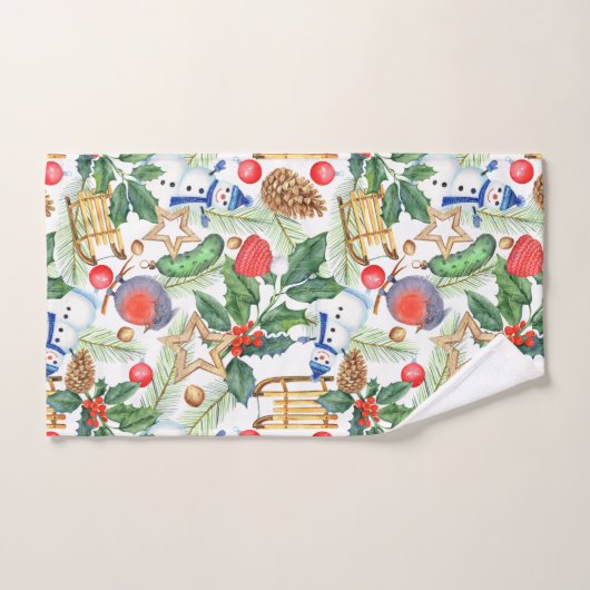 kerstfeestdag snowman, pijnbomen, Holly Bad Handdoek (Handdoek)