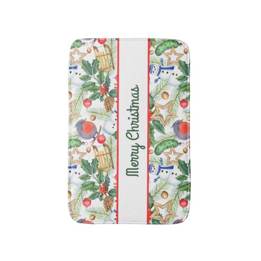 kerstfeestdag snowman, pijnbomen, Holly Badmat (Voorkant Verticaal)