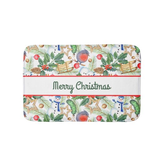 kerstfeestdag snowman, pijnbomen, Holly Badmat (Voorkant)