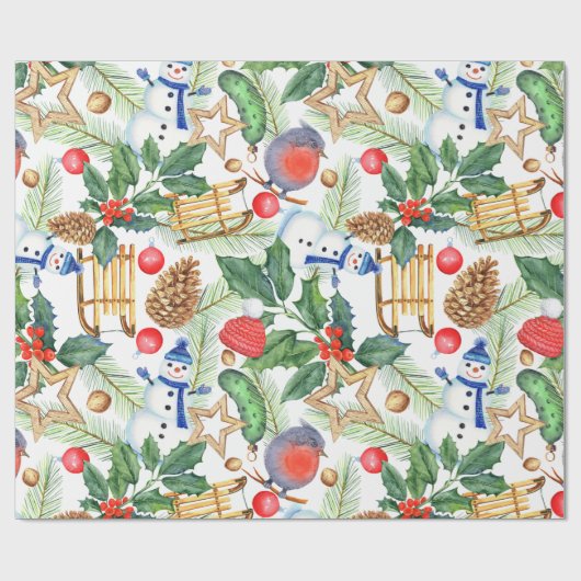 kerstfeestdag snowman, pijnbomen, Holly Cadeaupapier (Vlak)