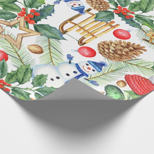 kerstfeestdag snowman, pijnbomen, Holly Cadeaupapier (Hoek)