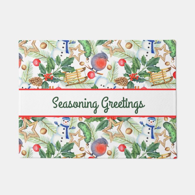 kerstfeestdag snowman, pijnbomen, Holly Deurmat (Voorkant)