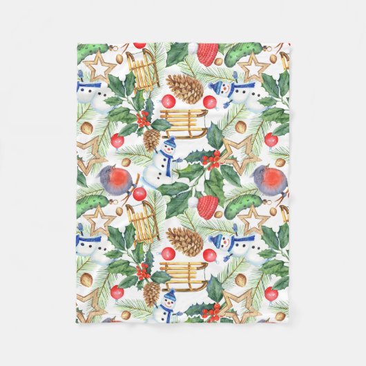 kerstfeestdag snowman, pijnbomen, Holly Fleece Deken (Voorkant)
