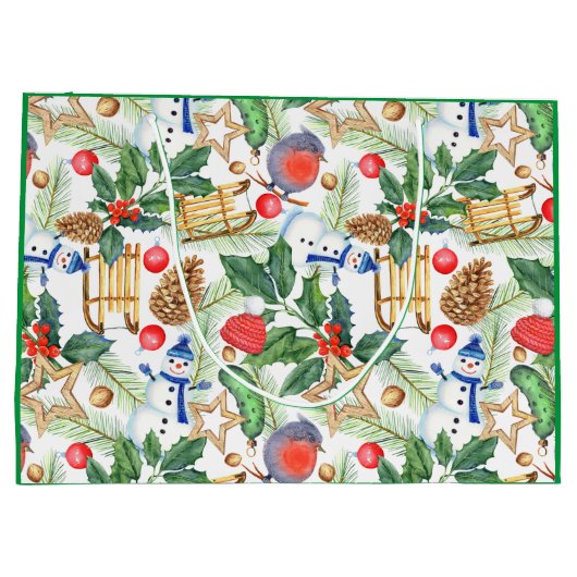 kerstfeestdag snowman, pijnbomen, Holly Groot Cadeauzakje (Achterkant)