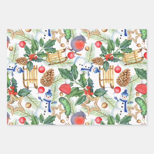 kerstfeestdag snowman, pijnbomen, Holly Inpakpapier Vel (Voorkant 2)