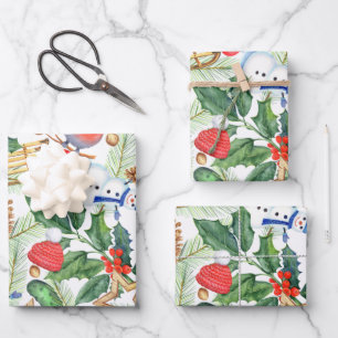 kerstfeestdag snowman, pijnbomen, Holly Inpakpapier Vel