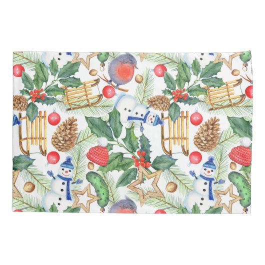 kerstfeestdag snowman, pijnbomen, Holly Kussensloop (Achterkant-Links)