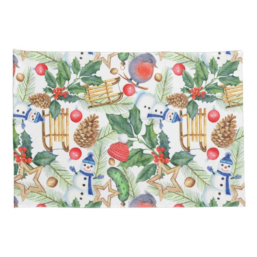 kerstfeestdag snowman, pijnbomen, Holly Kussensloop (Achterkant-Rechts)