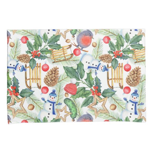 kerstfeestdag snowman, pijnbomen, Holly Kussensloop (Voorkant-Rechts)