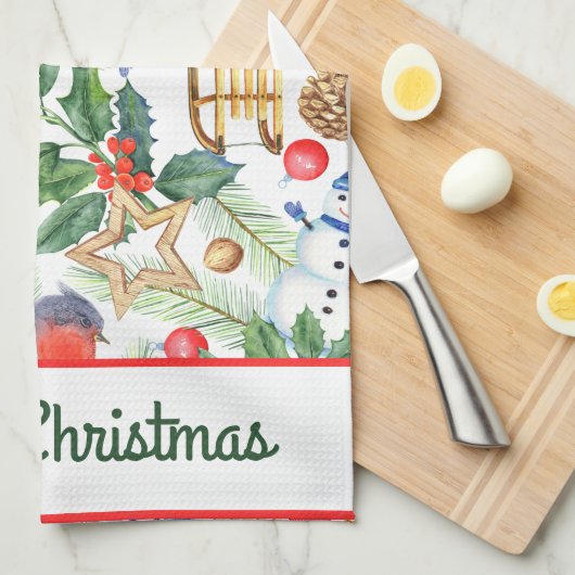 kerstfeestdag snowman, pijnbomen, Holly Theedoek (Quarter Fold)