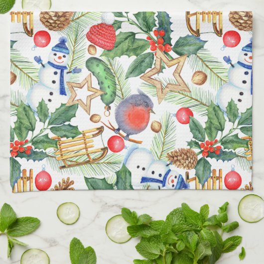 kerstfeestdag snowman, pijnbomen, Holly Theedoek (Gevouwen)