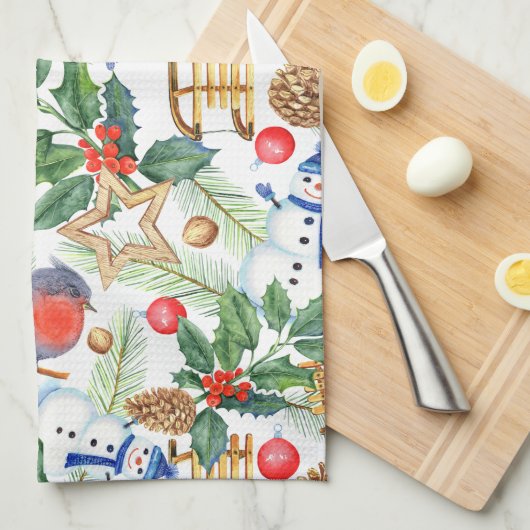 kerstfeestdag snowman, pijnbomen, Holly Theedoek (Quarter Fold)