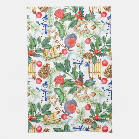 kerstfeestdag snowman, pijnbomen, Holly Theedoek (Verticaal)