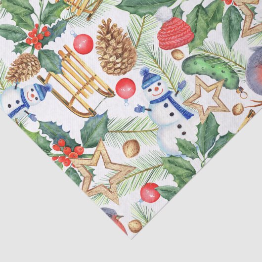 kerstfeestdag snowman, pijnbomen, Holly Tissuepapier (Detail)