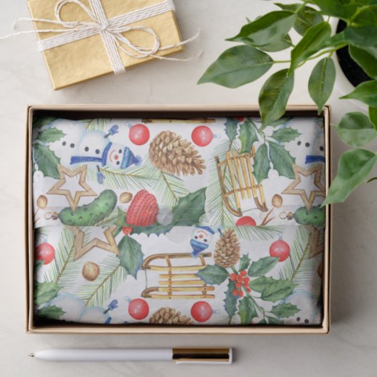 kerstfeestdag snowman, pijnbomen, Holly Tissuepapier (Geschenk)