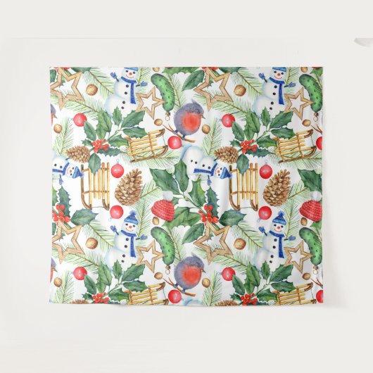 kerstfeestdag snowman, pijnbomen, Holly Wandkleed (Voorkant (horizontaal))