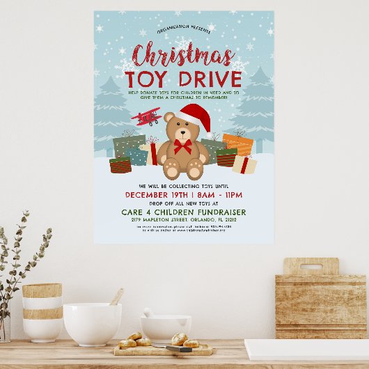 Kerstfeestdag Teddy Bear Speelgoed Drive Fundraise Poster (Keuken)