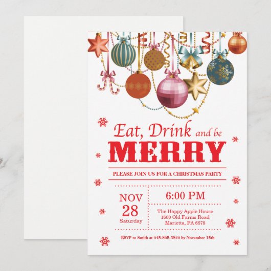 Kerstfeestdag Uitnodiging Eat Drink Merry (Voorkant / Achterkant)