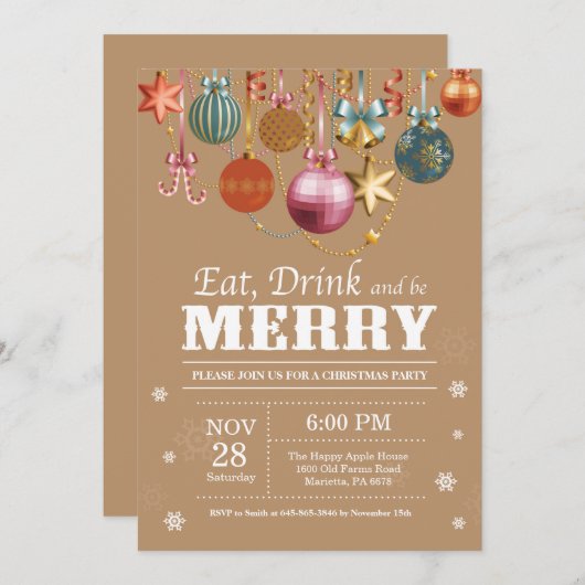 Kerstfeestdag Uitnodiging Eat Drink Merry (Voorkant / Achterkant)