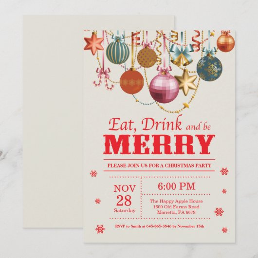 Kerstfeestdag Uitnodiging Eat Drink Merry (Voorkant / Achterkant)