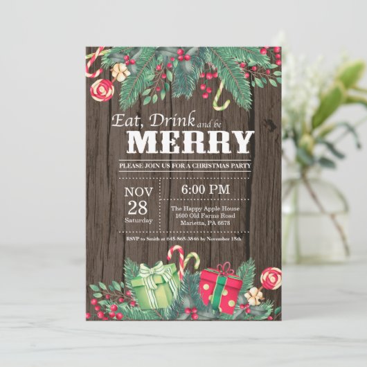 Kerstfeestdag Uitnodiging Rustisch hout (Staand voorkant)