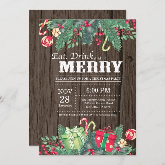 Kerstfeestdag Uitnodiging Rustisch hout (Voorkant / Achterkant)