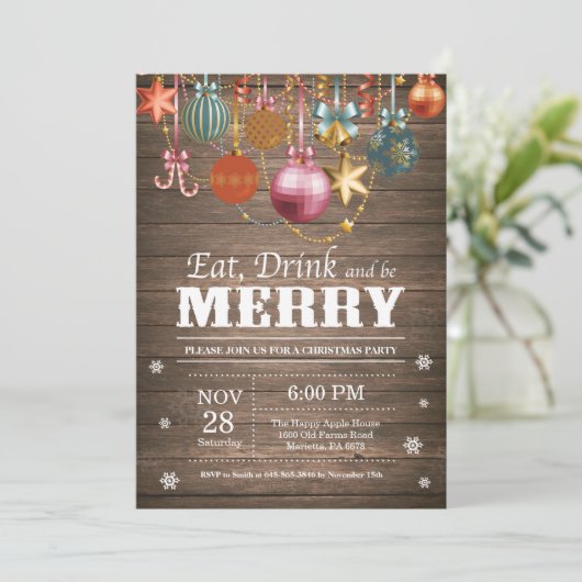 Kerstfeestdag Uitnodiging Rustisch hout (Staand voorkant)