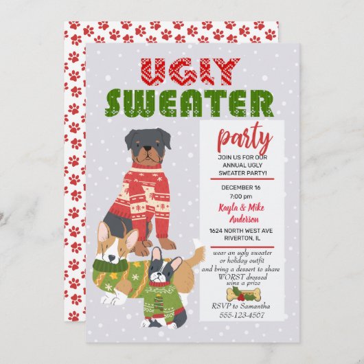 Kerstfeestdag uitnodiging voor Ugly Sweater Party (Voorkant / Achterkant)