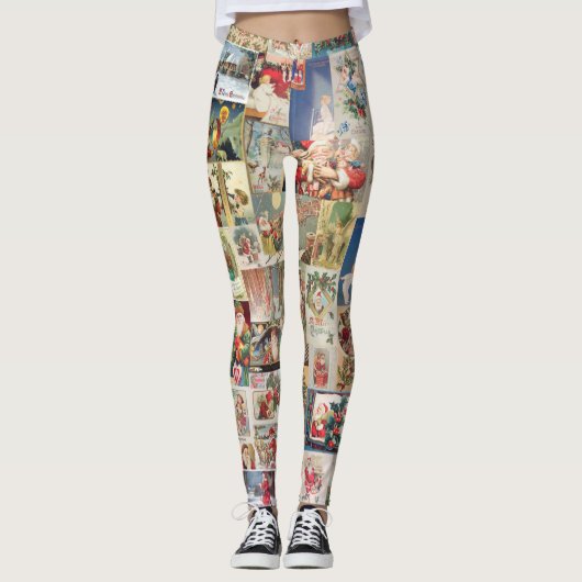 Kerstfeestdag Vintage Santa Briefkaart Leggings (Voorkant)