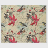 Kerstfeestdag vogel en rode poinsettia cadeaupapier (Vlak)