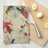 Kerstfeestdag vogel en rode poinsettia theedoek (Quarter Fold)